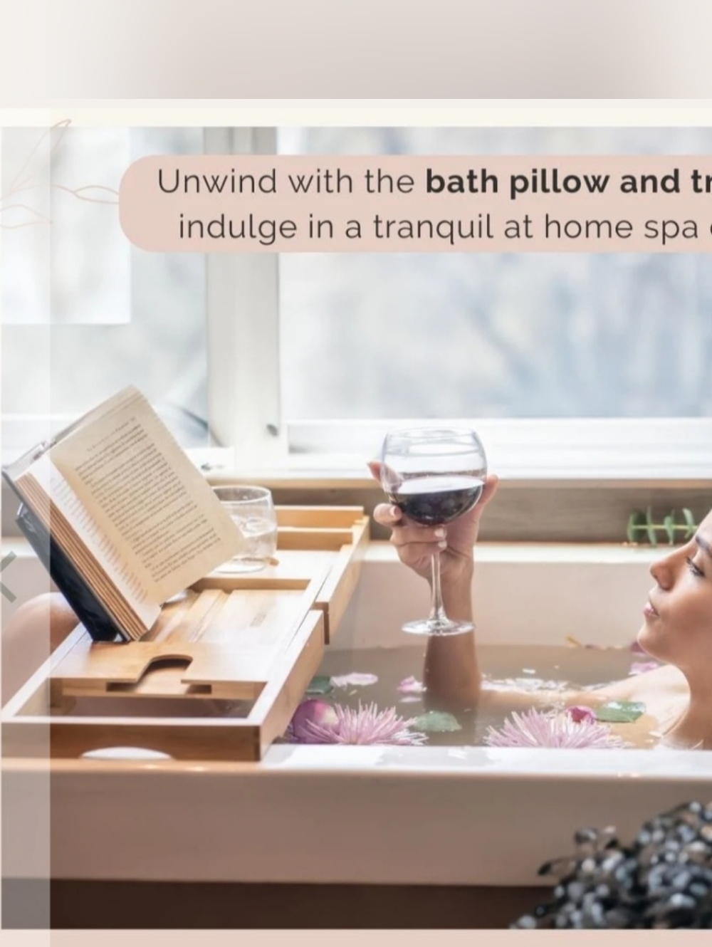 New!Bamboo Bathtub Caddy Tray & Bath Pillow - Picture 2 of 5